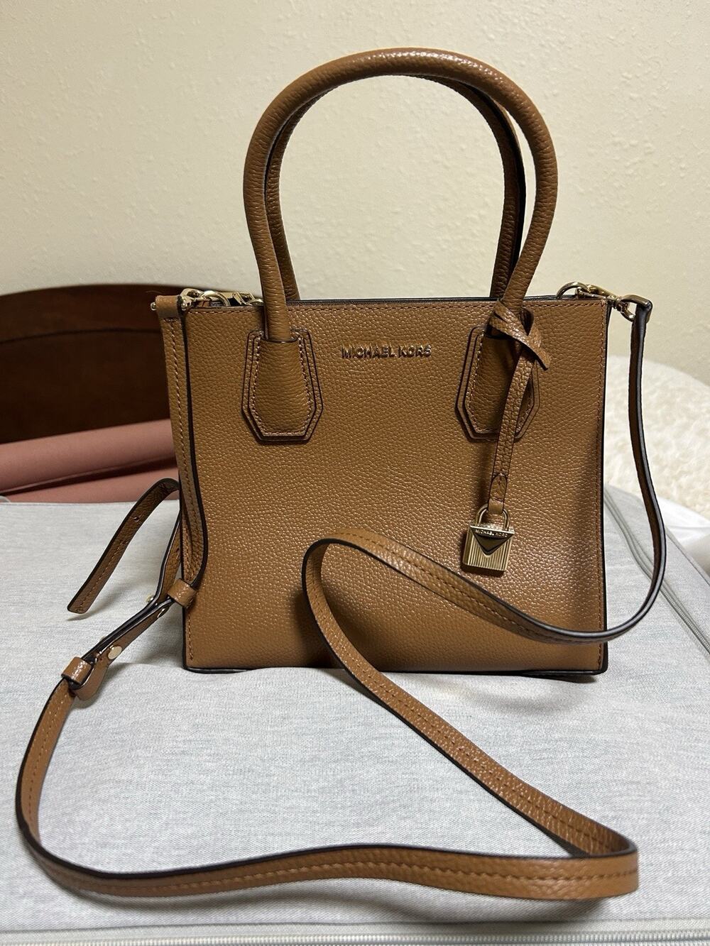 Michael Kors Mercer Small Pebbled Leather Satchel Crossbody Bag Acorn Brown